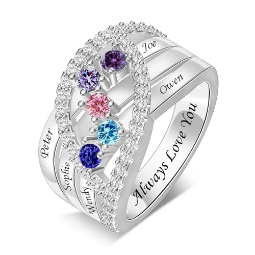 Personalized Name Family Rings Custom 1-6 Birthstones Mother's Rings Sterling Silver Promise Ring for Mother's Day Daughter Grandma Women - color: 5 stones