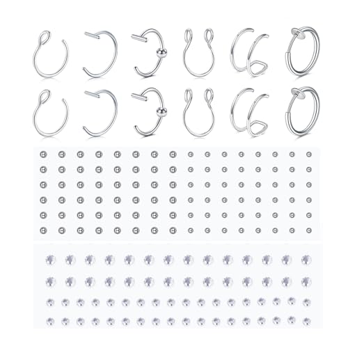 MODRSA Fake Nose Stud Fake Nose Ring Stud Fake Nose Piercing Fake Lip Ring Fake Earrings Stud Silver Gold Fake Cartilage Helix Earring Clip on Earring Hoop Fake Eyebrow Ring Fake Bridge Piercing - color: F2-Stick on jewelry + hoops -silver