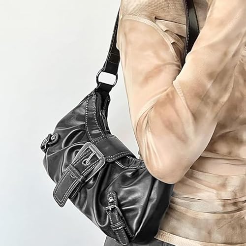 Y2K Trendy Purse for Women, Leather Buckle Punk Hobo Clutch Purses Bags for Ladies Top Handle Shoulder Bag - color: Deep Black