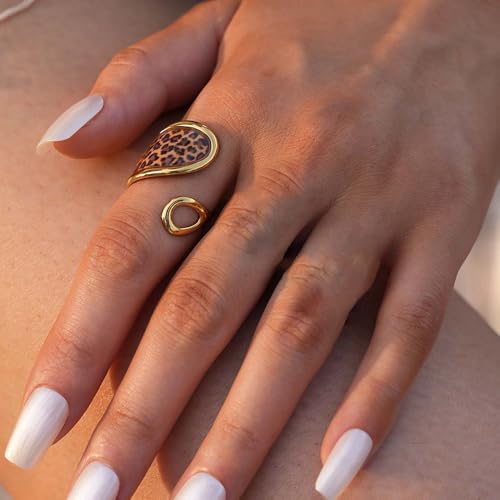 OIDIMS Vintage Leopard Print Gold-Tone Statement Ring for Women Fashion Adjustable Boho Geometric Open Band Comfort Fit Finger Rings 80s 90s Y2k Punk Jewelry Trendy Cocktail Party Prom Accessory