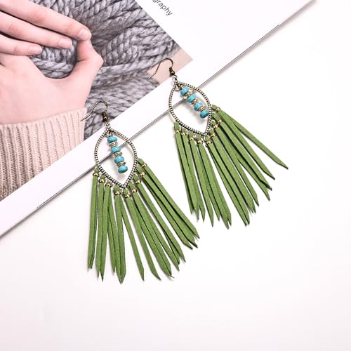 Long Bohemian Fringe Leather Earrrings Handmade Tassel Earrings with Turquoise Christmas Long Dangle Earrings for Women rodeo jewelry - color: Green