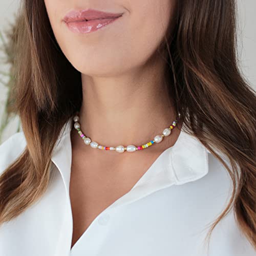 Wellike Freshwater Pearl Beaded Necklace for Women Handmade Boho Colorful Glass Beads Choker Necklace Stainless Steel 18K Gold Plated Bohemian Women Summer Jewelry Gifts - color: KKWX1070