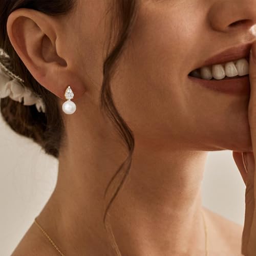 Pearl Earrings for Women, Dainty Wedding Bridal Earrings 14k Gold Plated CZ Pearl Drop Earrings for Women Trendy Hypoallergenic Unique Gold Drop Earrings Fashion Prom Jewelry - color: Gold-J