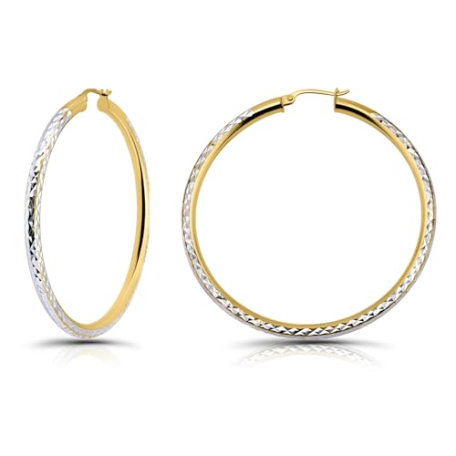 Hoops & Loops 925 Sterling Silver Diamond-Cut Round Hoop Textured 3mm Click-Top Earrings for Women, Slver, Two-Tone 14K Yellow Gold Flash Plate 15/20/25/30/35/40/45/50mm Hoops - color: Two-Tone Gold & Silver, size: 50mm (2'')