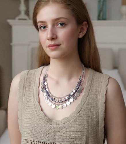 Noessla Layered Beaded Chunky Necklace for Women Boho Two-color Shell Statement Necklace Fashion Collar Costume Jewelry Gifts for Mum - color: 94-Navy Blue