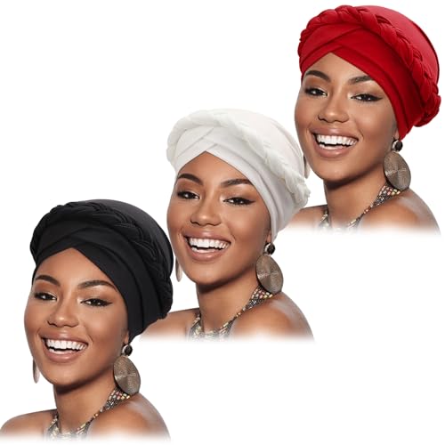 African Women Turban Caps Beanie Pre-Tied Twisted Braids Headwraps for Women Head Scarf Chemo Cancer Headwear Cap - color: 3 Pack Twisted Braid: White, Red, Black
