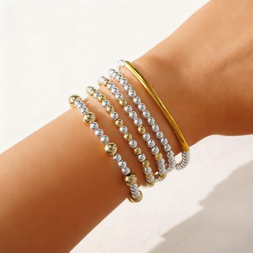 14K Gold Plated Beaded Bracelets Stack Set for Women,Stretch Boho Colorful Beads Ball Jewelry Friendship Summer Trendy - color: Gold silver