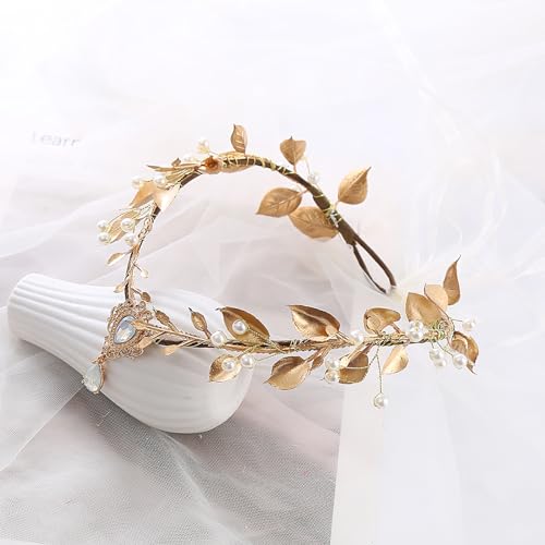 Vivivalue Golden Fairy Crown Flower Headband Elf Floral Headpiece Hair Wreath Woodland Forest Even Circlet for Women Halloween Renaissance Wedding Bridal Cosplay Prom Photo - color: golden