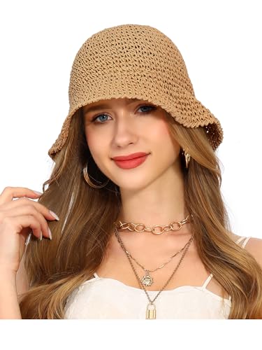 Womens Sun Hat Handmade Straw Bucket UV Protection Travel Summer Beach Cap - color: Khaki