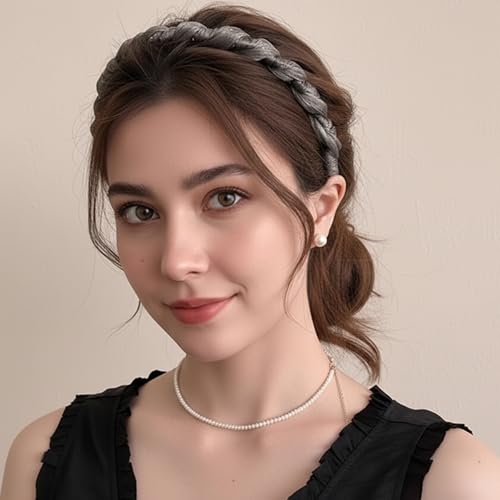 4 Pcs Braided Headbands with Teeth for Women, Handmade Crystal Flower Comb Hairbands, Sparkly Twisted Non-Slip Hard Head Bands, Elegant Silver Black Hair Accessories - color: Silver Black