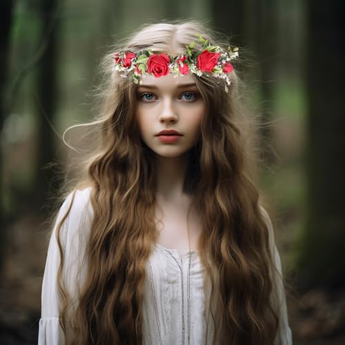 Vivivalue Women Flower Crown Rose Floral Headband Hair Wreath Floral Headpiece Halo Boho with Ribbon Wedding Party Red - color: 70