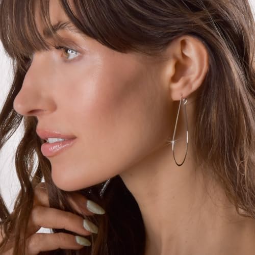Oval Threader Hoop Earrings for Women - Lightweight Thin Teardrop Earring Hoops - 14k Gold, Rose or 925 Sterling Silver Plated - color: 2.3" inch - 925 Sterling Silver Plated