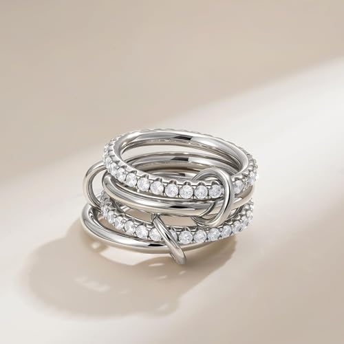 SLOONG Gold Stackable Rings for Women Non Tarnish, Dainty 18K Gold Plated Cubic Zirconia Rings, Silver Rose Gold Rings Set, Multi Ring Mixed Metals Stackable Ring Set for Women - style: 4PCS Silver