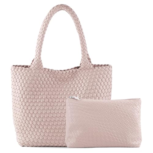 Hand Woven Bag Tote BagS For Women Top Handle Shoulder Vegan Leather Large Travel Beach Hobo Handbag - color: Pink
