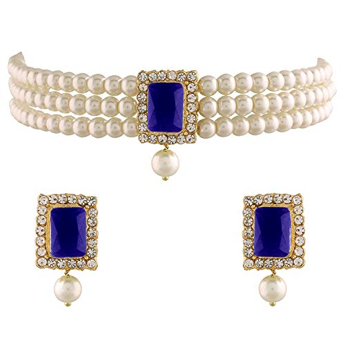 Aheli Ethnic Choker Necklace Earrings Wedding Bollywood Party Jewelry Set Gift for Women - color: Blue 1