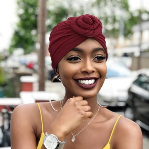 African Women Turban Caps Pre-Tied Twisted Turbans Head Scarf for Women Hair Wraps Cover Beanie Cancer Chemo Headwear - color: 1 Pack Twisted Braid: Burgundy