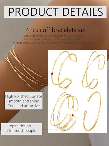 BROCC 4PCS Minimalist Gold Arm Cuff Bracelets, Adjustable Coil Armband Set Jewelry