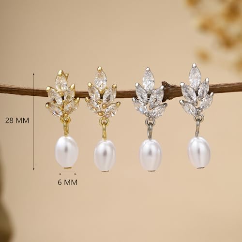 Pearl Earrings for Women Dainty Diamond Pearl Drop Earrings 14k Gold Plated Dangle Earrings for Women Weddings Gifts Bridesmaid Gifts - color: D-silver pearl earrings