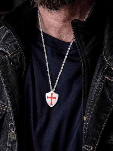 FaithHeart Knights Templar Necklace for Men, Christian Necklace for Men Stainless Steel Pendant Neckalces Christian Gifts with Gift Box - color: 03. Shield-Silver