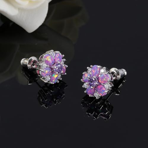 CiNily Flower Earrings,Opal Stud Earrings Sterling Silver or White Gold/Rose Gold Plated Ladies Flower Stud Earrings Cute Unique Earrings for Girls - color: Purple opal