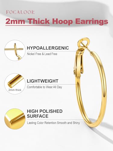 FOCALOOK 14K Gold Plated Lightweight Large Hoops| 2mm Thin Hoop Earrings for Women 30/40/50/70/100mm - color: 01.Gold, size: 30mm