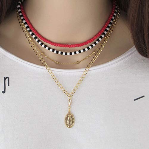 Tgirls Boho Choker Necklace Chain Rice Beaded Necklaces Seed Bead Necklace Accessory for Women - color: Red-1