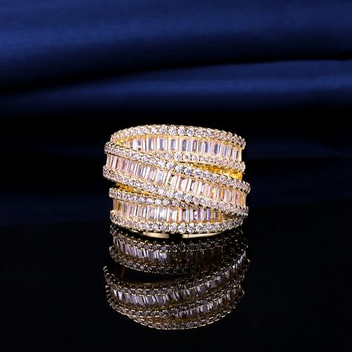 MDFUN 18K White Gold/Yellow Gold Plated Halo Wedding Eternity Ring for Women, 3 Rows Emerald Cut Cubic Zirconia Rings Statement Band Size 5-10 - color: Yellow Gold