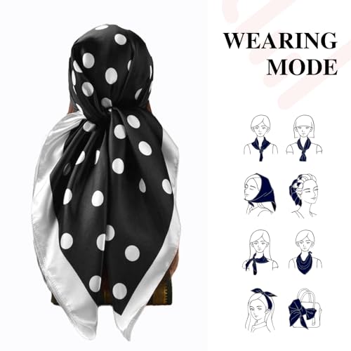 35” Satin Large Square Head Scarves-Like Silk Satin Scarf for Hair Wrapping at Night Bandana Square Scarf for Sleeping - color: Big Polka Point-black