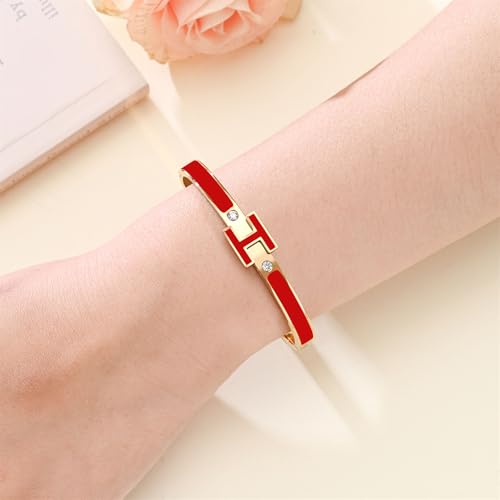 H Bangle & Clover Bracelet for Women - Stainless Steel Fashion Jewelry - 18K Gold Plated H Bangle and Lucky Five Leaf Clover Bracelet - Elegant Bracelets Set - Gift for Women - color: Gold-Red Set