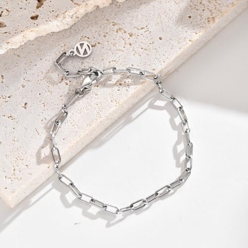 NOKMIT Solid 925 Sterling Silver Bracelets for Women, Dainty Interlocking Circles Cubic Zirconia Adjustable Chain Bracelet, Trendy Stackable Link Bracelets, Simple Cute Jewelry Gifts - color: Silver Paperclip Chain