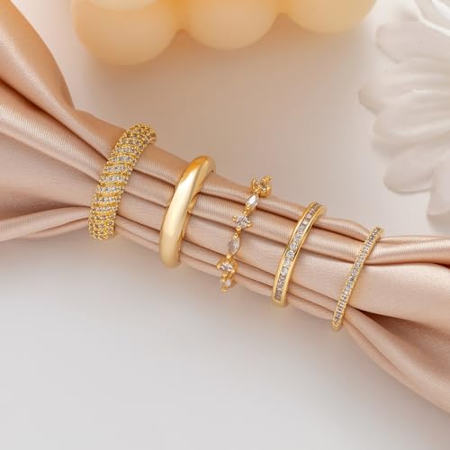 FUNEIA Stackable Gold Rings for Women Non Tarnish Trendy Dainty 14K Gold Plated Stacking Cubic Zirconia Thumb Ring Set Pack Statement Chunky Band Rings Promise Engagement Rings Size 7 8 9 10 11 - color: B-5Pcs Gold Rings