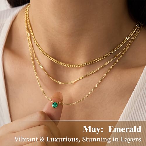 WomenGifts Layered Gold Necklaces for Women, 14K Gold Sterling Silver Plated Dainty Pendant Necklace Set Non Tarnish, Chunky Stackable Cuban Chain Choker, Trendy Birthstone Vacation Jewelry Gift - color: Gold, style: Cubic Zirconia-Created Emerald-May