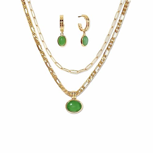 Green Aventurine Stone Pendant Necklace for Women Dainty 18K Plated Gold Chain Choker Necklace,Layered Necklace,Jewelry Set Non Tarnish - color: Green-3pcs