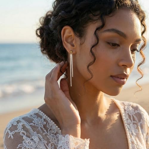 SLUYNZ 925 Sterling Silver Simulated Diamond Drop Earrings Linear Dangle Earrings for Women Teens Eelgant Wedding Bridal Prom Earrings Dainty CZ Long Dangling Earrings Tassel 4.5 cm/7.5 cm - color: B-Yellow-6.3cm