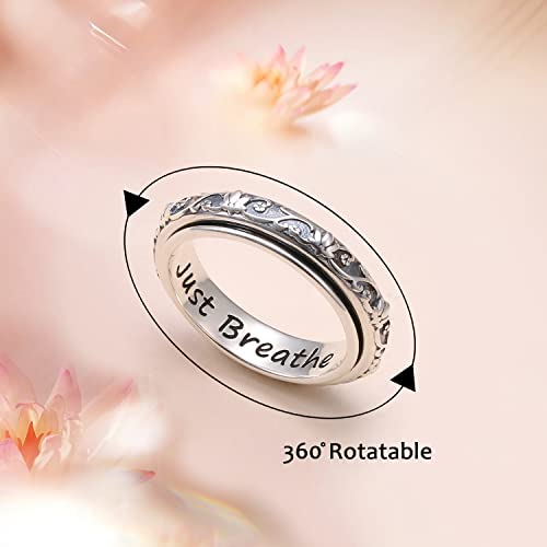 Ladytree Spinner Fidget Ring Sterling Silver Thumb Band for Women Anxiety Ring Platinum Plated Worry Stress Relief Just Breathe Boredom ADHD Autism Rings Boho Jewelry Gift - color: D-oxidized lotus