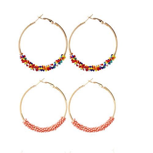 2 Pairs Bohemian Colorful Beads Circle Round Hoop Earrings Gold Hoop Dangle Earrings for Women Vintage Boho Jewelry - color: pink colorful
