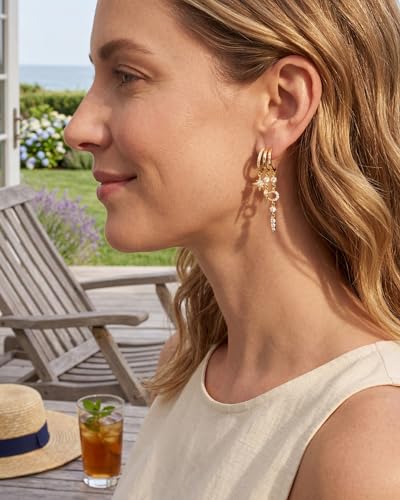 MUMREUES Gold Earrings for Women Trendy 14K Gold Plated Dangle Earrings Small Hoop Huggie Drop Stud Earrings Cubic Zirconia Simple Minimalist Dainty Chain Tassel Hypoallergenic Earrings - color: Celestial & Gold