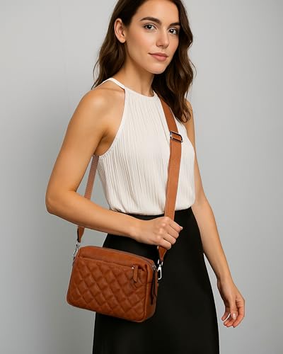 Alldaily Small Triple Zip Crossbody Purse for Women, Vegan Leather Phone Bag with Wide Shoulder Strap - color: Quilted Brown