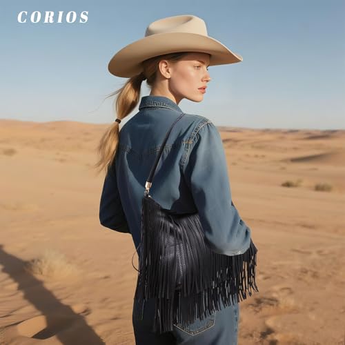 CORIOS Bohemian Fringe Leather Shoulder Bag for Women Dual-Side Tassel Handbag Underarm Purse Soft PU Leather Top Handle Bag - color: Black