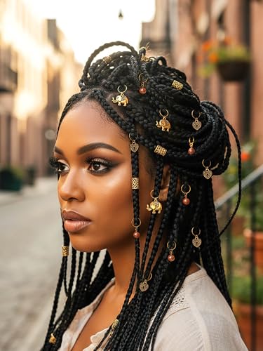 Formery Beads Dreadlock Clip Accessories Gold Elephant Box Braid Rings Heart African Hair Charms Jewelry for Black Women (13PCS)