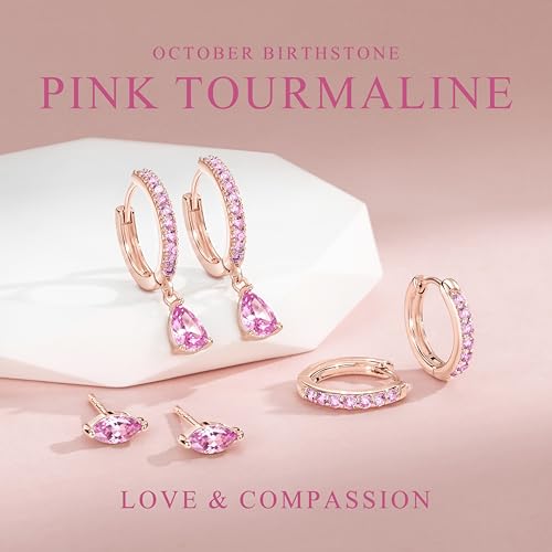 14K Gold Plated Small Huggie Hoop Earrings Set for Women, Hypoallergenic Dainty Sterling Silver Dangle Studs for Cartilage Helix, Lightweight Trendy Cute Stack Birthstone Jewelry Gift - color: 10_Pink Tourmaline_Oct_Rose Gold