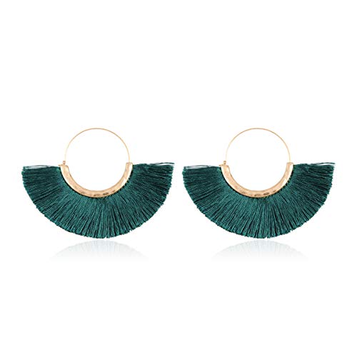 Bohemian Silky Thread Tassel Strand Fringe Statement Hoop Earrings - Lightweight Semi Circle Fan Threader, Mermaid Hoops - color: Halfmoon Tassel Hoops - Teal