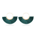 Bohemian Silky Thread Tassel Strand Fringe Statement Hoop Earrings - Lightweight Semi Circle Fan Threader, Mermaid Hoops - color: Halfmoon Tassel Hoops - Teal