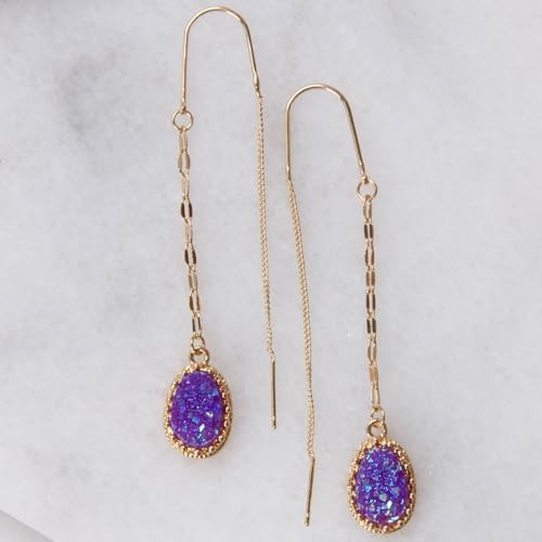 Simulated Druzy Threader Earrings for Women - Gold, Silver, or Rose Gold Tone Long Chain Earrings with Boho Created Geode Stone - color: Gold - Purple Stone