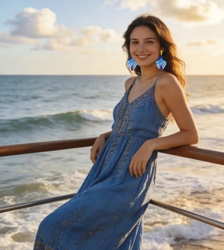 ARATLENCH Acrylic Pendant necklace Earrings – Long Statement Leaf Charm Necklace Tortoise Resin Palm Leaf Earrings Fashion Necklaces Earrings for Women - color: blue A