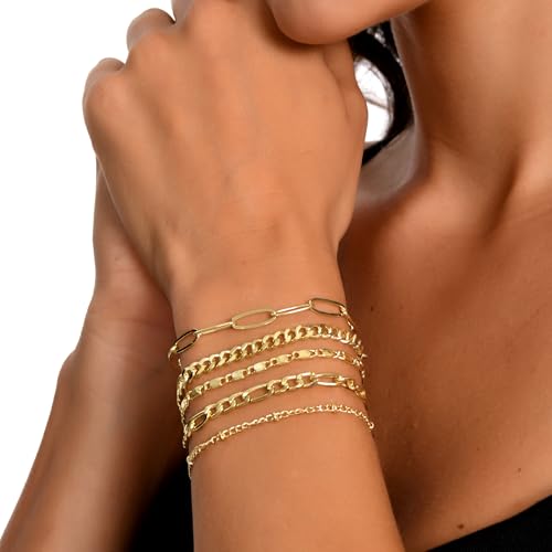 Dainty Gold Bracelets for Women, 14K Gold Plated Stackable Bracelet Set, Adjustable Beaded Cuban Paperclip Herringbone Figaro Snake Rope Chain Jewelry - style: Set3 Gold 5Pcs