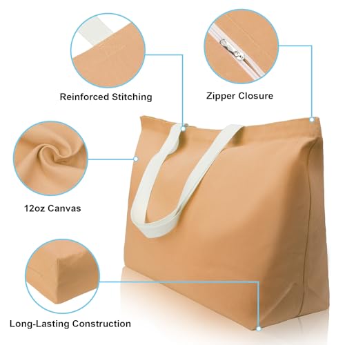Large Canvas Tote Bag-Extra Big Shopping Beach Totes Bags Reusable Largest Grocery Plain Solid Bag 28"x8"x16" - color: Brown With Zipper