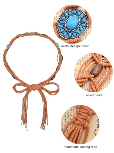 TeeYee Women's Waist Belt Adjustable Boho Style Handwoven Bohemia Tassel Rope Tie with Wooden Beads Braided Chain for Dress - color: Bw0272tan