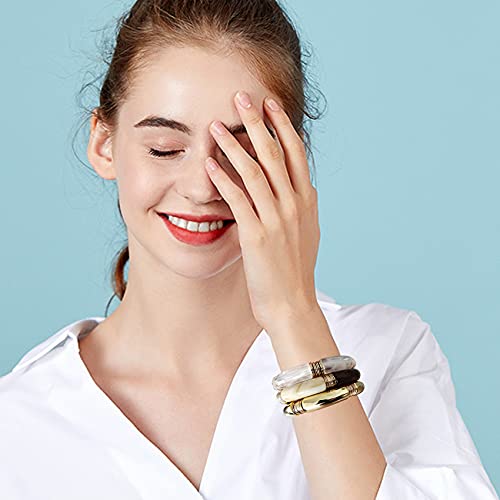 GOOJIDS Simple Beaded Gold Plated Bangles Bracelet Chunky Bamboo Tube Curved Stacking Clear Acrylic Colorful Beads Stretchable Gold Plated Bracelets Set For Women - color: S-Small size Gold 3PCS Set