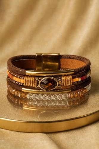 Boho Layered Bracelet for Women – Green Crystal Beaded Wrap Bracelet with Gold Clasp, Multi-Strand Hypoallergenic Statement Jewelry - color: Brown Amber